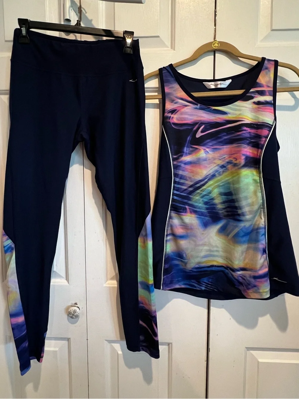2 Pc Matching Women's Navy Active Leggings & Multicolor Tank Set, Racerback